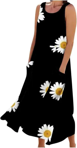 Womens Cotton Linen Sleeveless Maxi Dress Summer Flowy Dresses with Pockets Maxi Sundresses Beach Vacation Outfits
