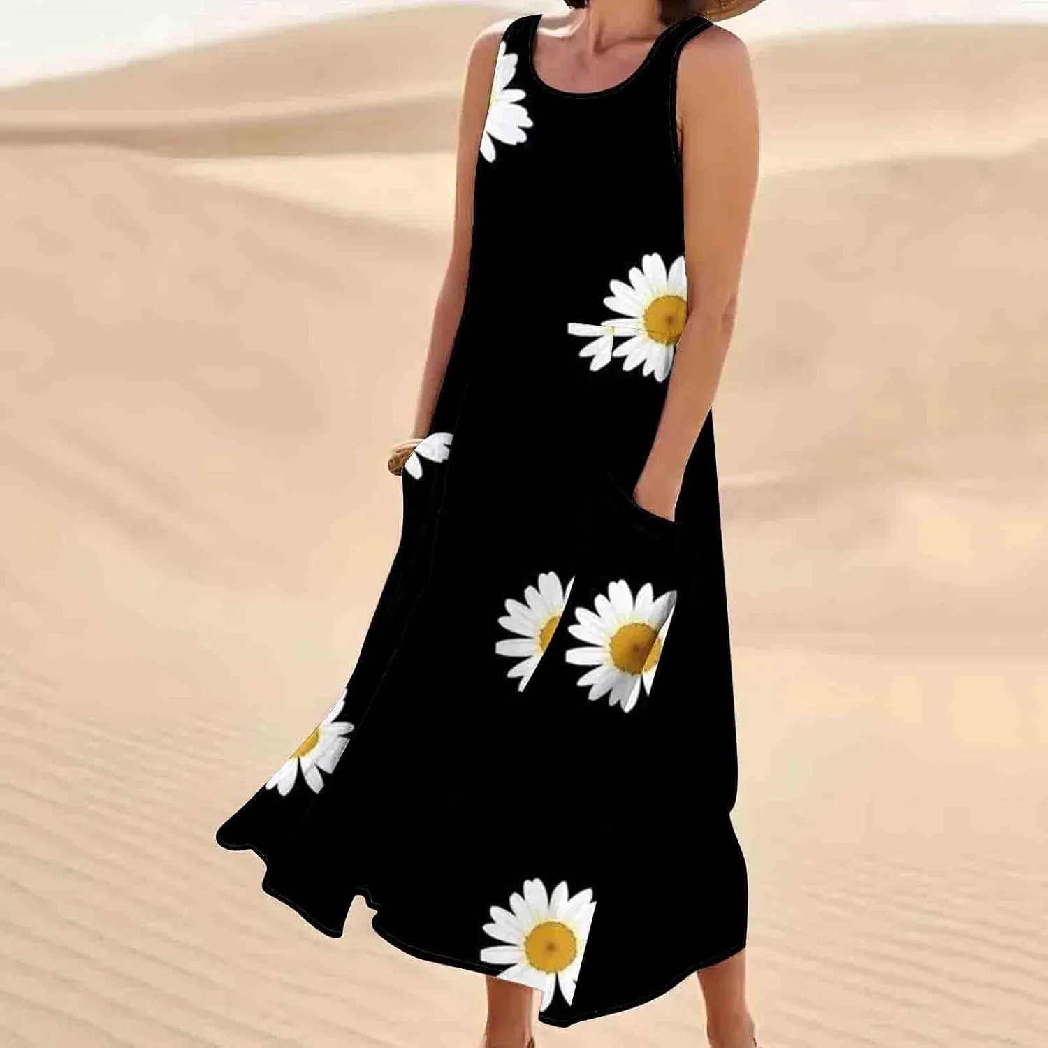 Womens Cotton Linen Sleeveless Maxi Dress Summer Flowy Dresses with Pockets Maxi Sundresses Beach Vacation Outfits