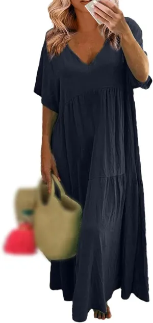 Women's Dresses Plus Size V Neck Short Sleeve Maxi Dress Loose Fit Floor Maxi Dress Ruffle Flowy Swing Sundress 2025