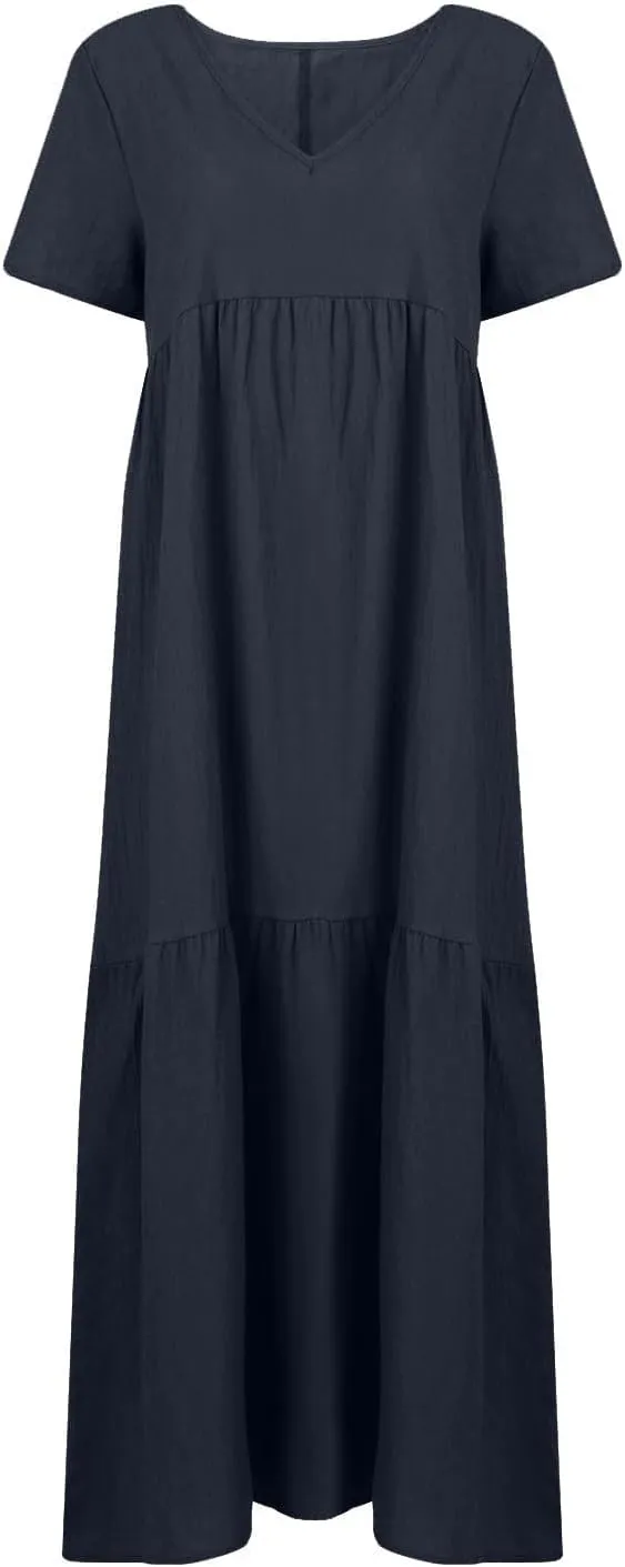 Women's Dresses Plus Size V Neck Short Sleeve Maxi Dress Loose Fit Floor Maxi Dress Ruffle Flowy Swing Sundress 2025