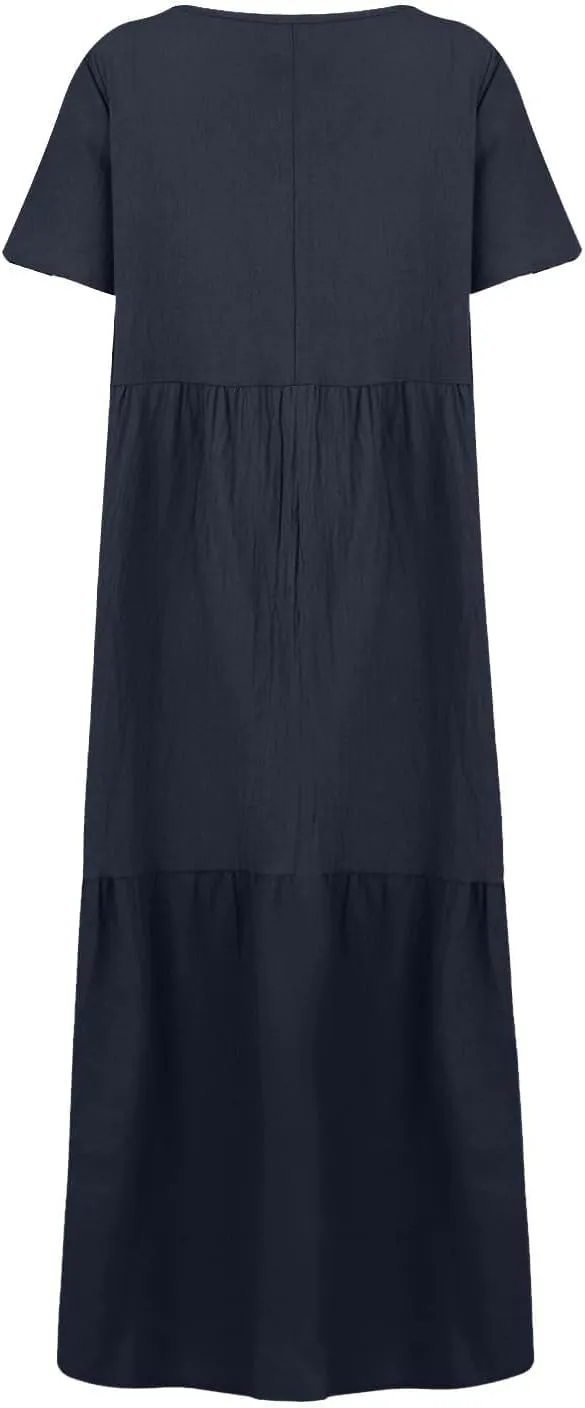 Women's Dresses Plus Size V Neck Short Sleeve Maxi Dress Loose Fit Floor Maxi Dress Ruffle Flowy Swing Sundress 2025