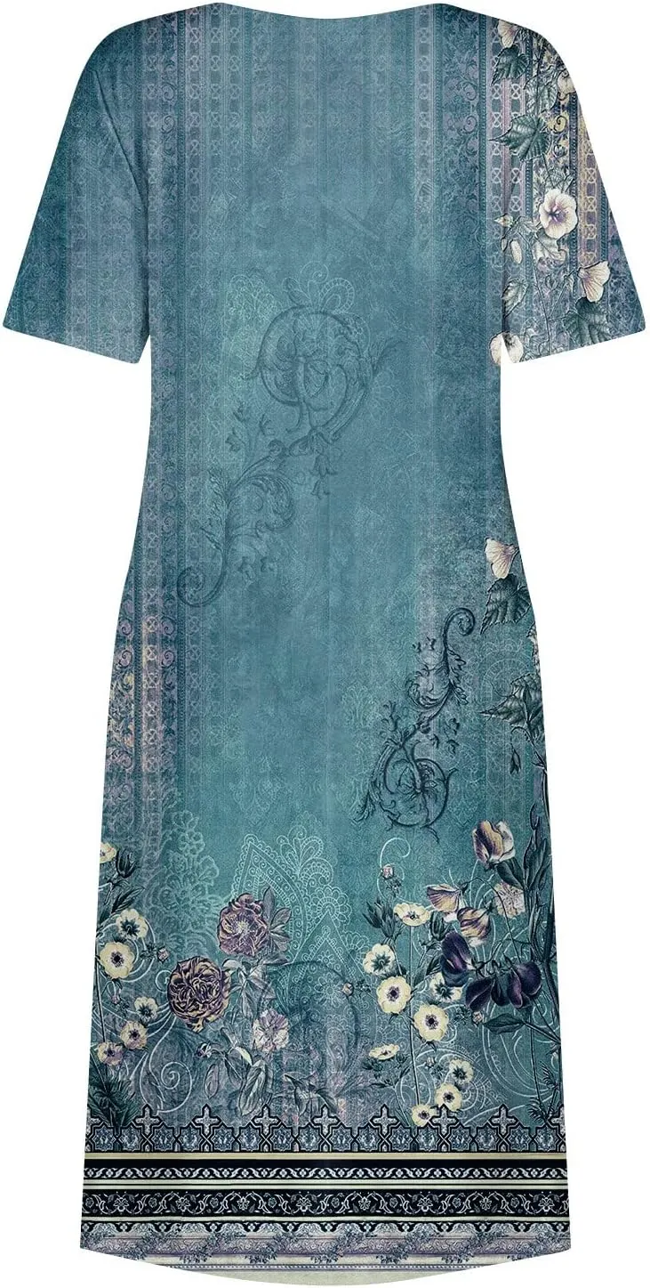 Women's Summer Casual Loose Trendy Short Sleeve Round Neck Solid Vintage Floral Printed Vacation Maxi Dress, S-3XL
