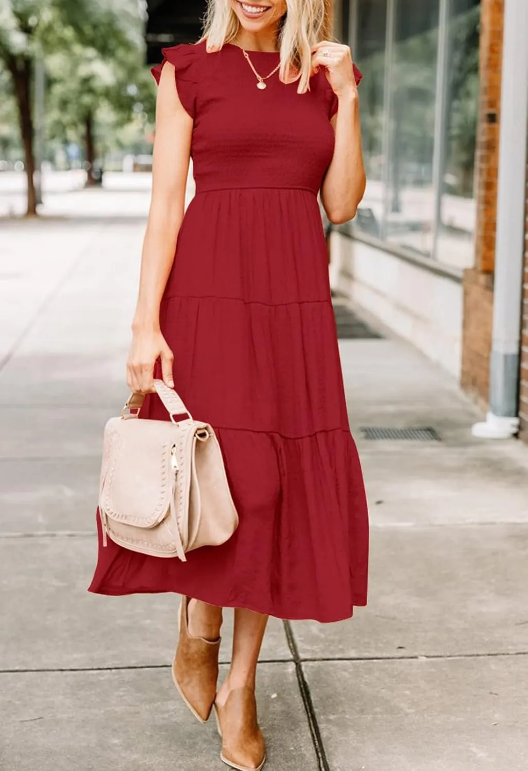 Womens Summer Casual Midi Dress Flutter Short Sleeve Crew Neck Smocked Boho Maxi Beach Dresses
