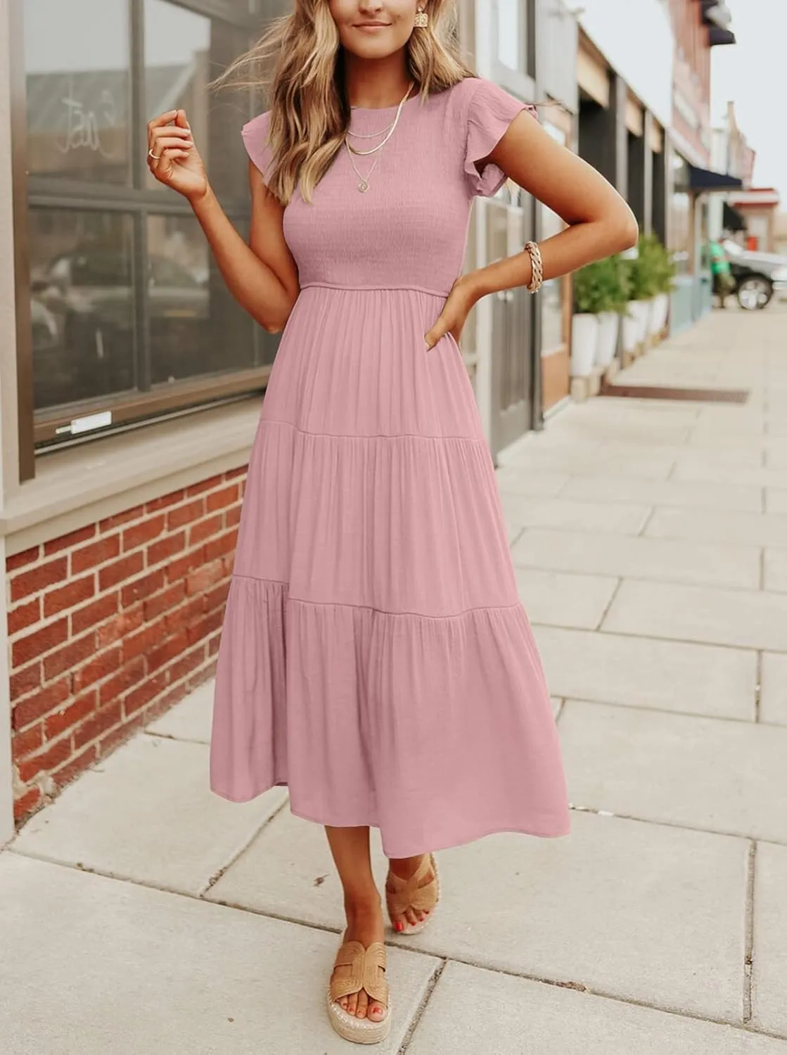 Womens Summer Casual Midi Dress Flutter Short Sleeve Crew Neck Smocked Boho Maxi Beach Dresses