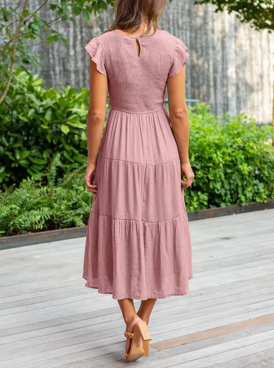 Womens Summer Casual Midi Dress Flutter Short Sleeve Crew Neck Smocked Boho Maxi Beach Dresses