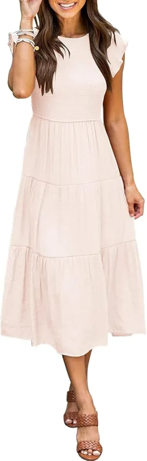 Womens Summer Casual Midi Dress Flutter Short Sleeve Crew Neck Smocked Boho Maxi Beach Dresses