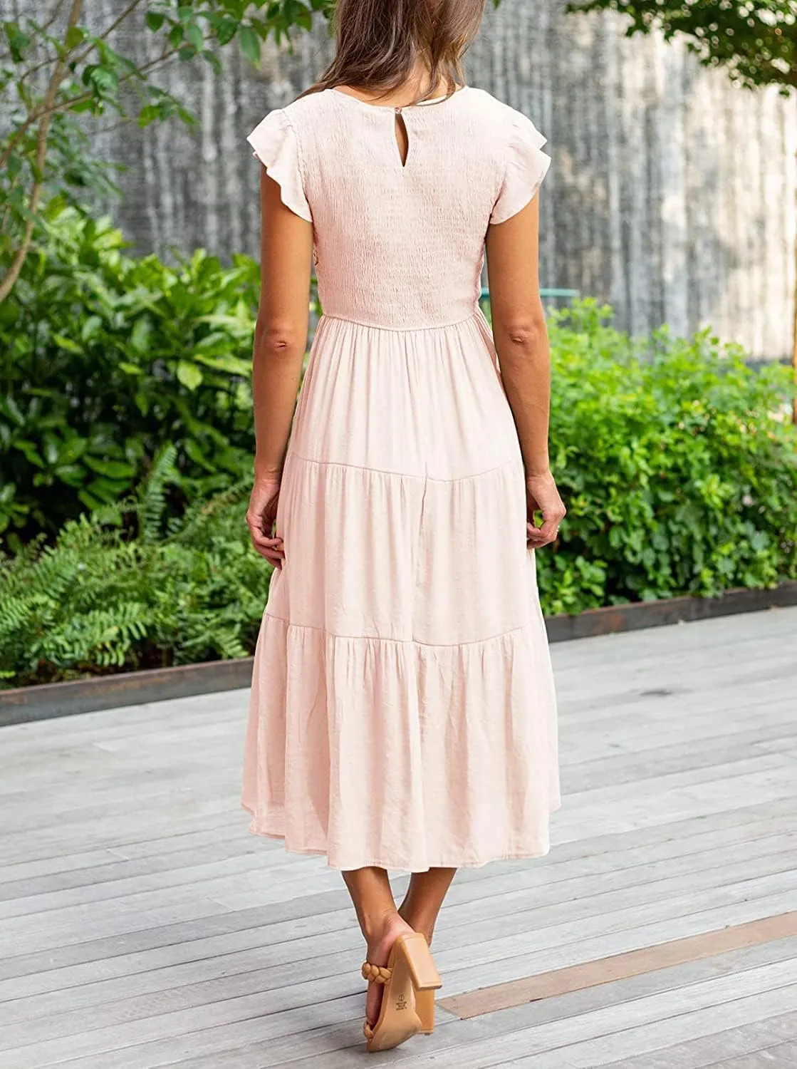 Womens Summer Casual Midi Dress Flutter Short Sleeve Crew Neck Smocked Boho Maxi Beach Dresses