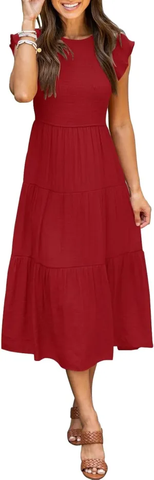 Womens Summer Casual Midi Dress Flutter Short Sleeve Crew Neck Smocked Boho Maxi Beach Dresses