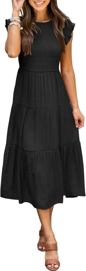 Womens Summer Casual Midi Dress Flutter Short Sleeve Crew Neck Smocked Boho Maxi Beach Dresses