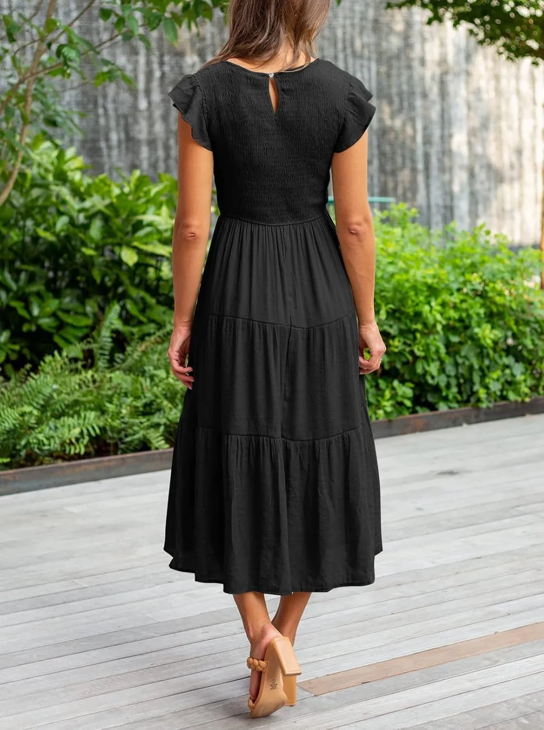 Womens Summer Casual Midi Dress Flutter Short Sleeve Crew Neck Smocked Boho Maxi Beach Dresses