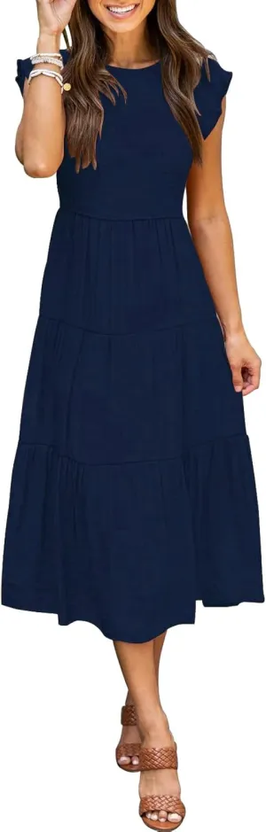 Womens Summer Casual Midi Dress Flutter Short Sleeve Crew Neck Smocked Boho Maxi Beach Dresses