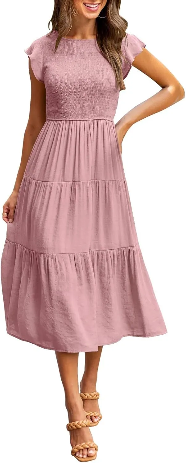 Womens Summer Casual Midi Dress Flutter Short Sleeve Crew Neck Smocked Boho Maxi Beach Dresses