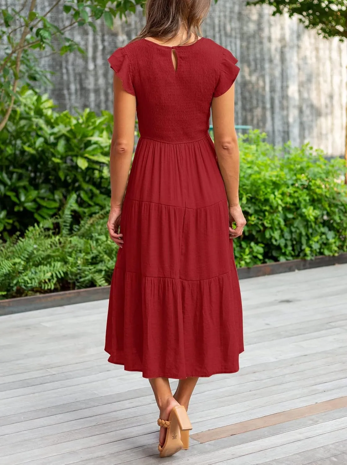 Womens Summer Casual Midi Dress Flutter Short Sleeve Crew Neck Smocked Boho Maxi Beach Dresses