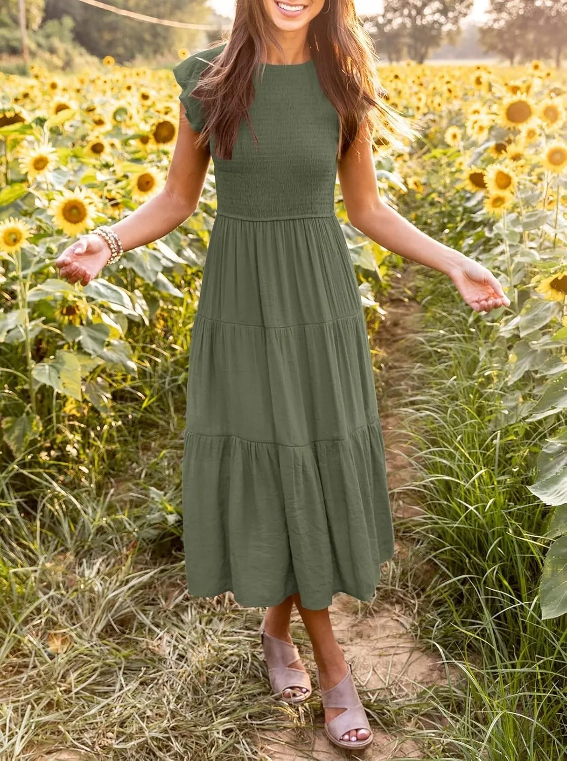 Womens Summer Casual Midi Dress Flutter Short Sleeve Crew Neck Smocked Boho Maxi Beach Dresses