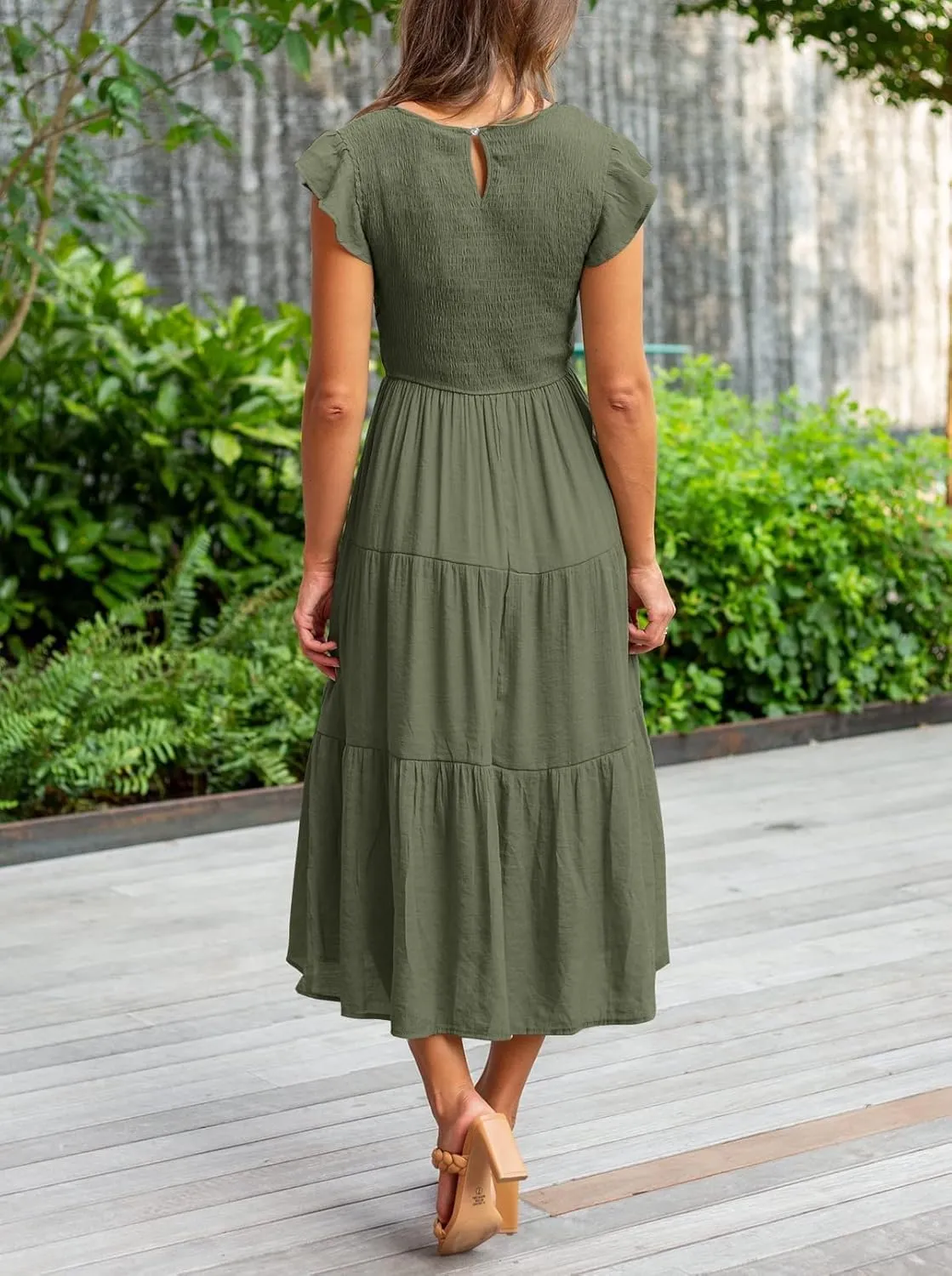 Womens Summer Casual Midi Dress Flutter Short Sleeve Crew Neck Smocked Boho Maxi Beach Dresses