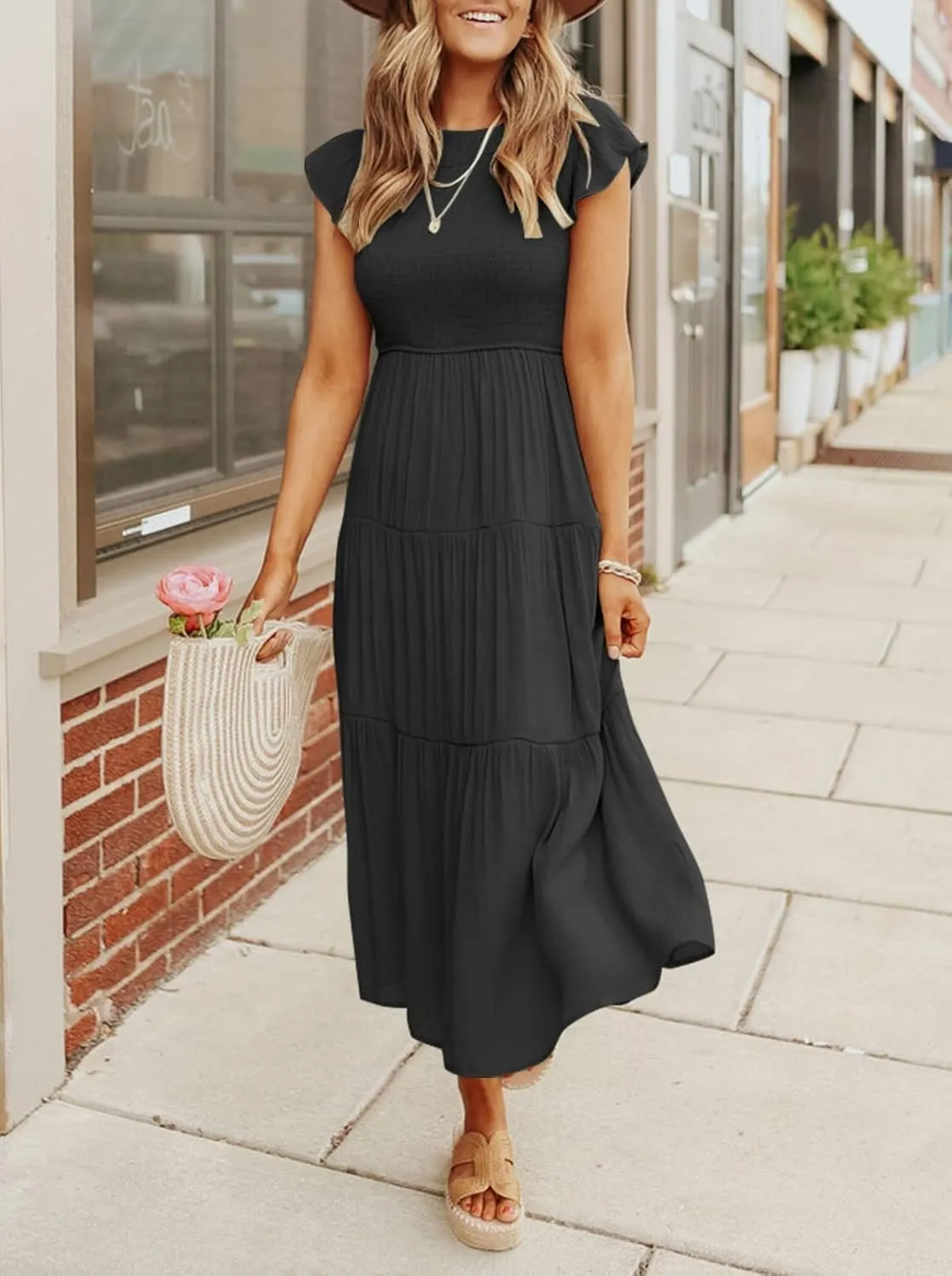 Womens Summer Casual Midi Dress Flutter Short Sleeve Crew Neck Smocked Boho Maxi Beach Dresses