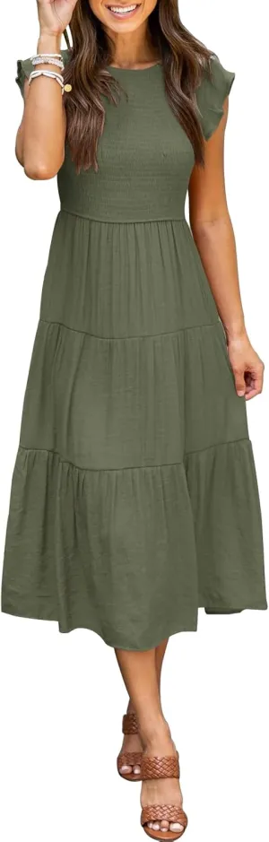 Womens Summer Casual Midi Dress Flutter Short Sleeve Crew Neck Smocked Boho Maxi Beach Dresses