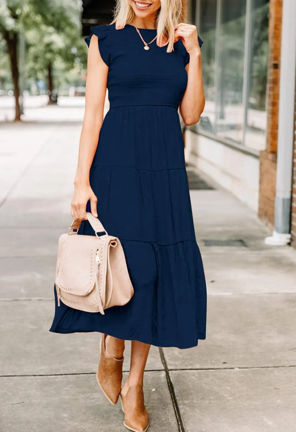 Womens Summer Casual Midi Dress Flutter Short Sleeve Crew Neck Smocked Boho Maxi Beach Dresses