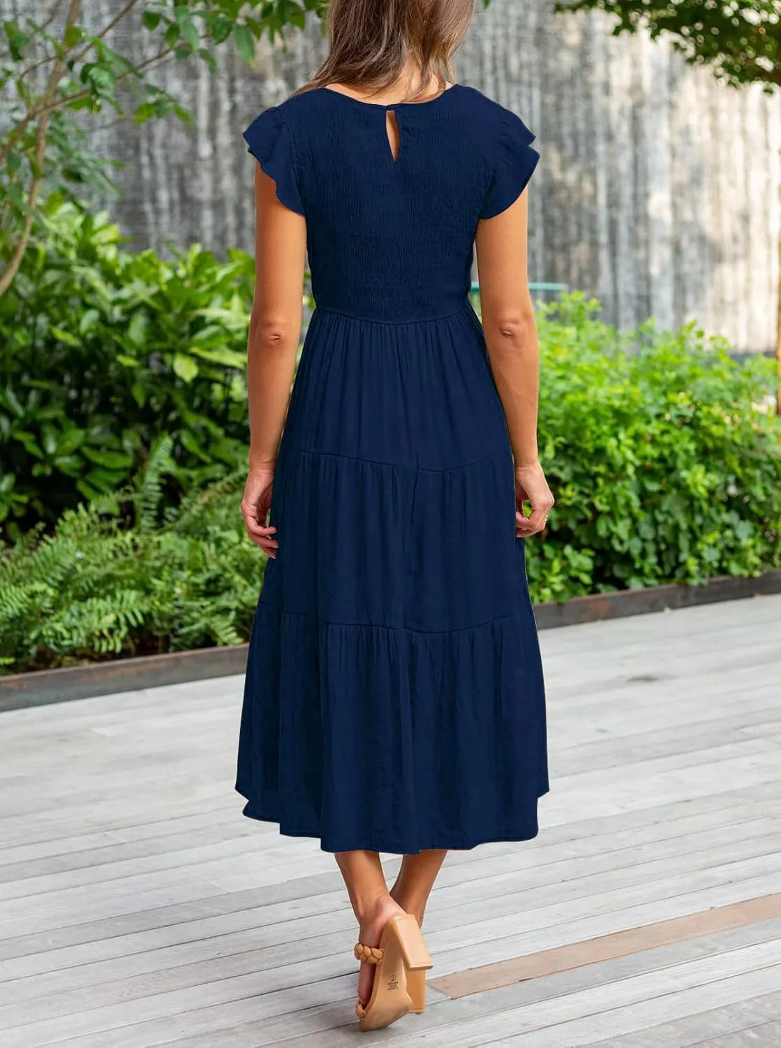 Womens Summer Casual Midi Dress Flutter Short Sleeve Crew Neck Smocked Boho Maxi Beach Dresses