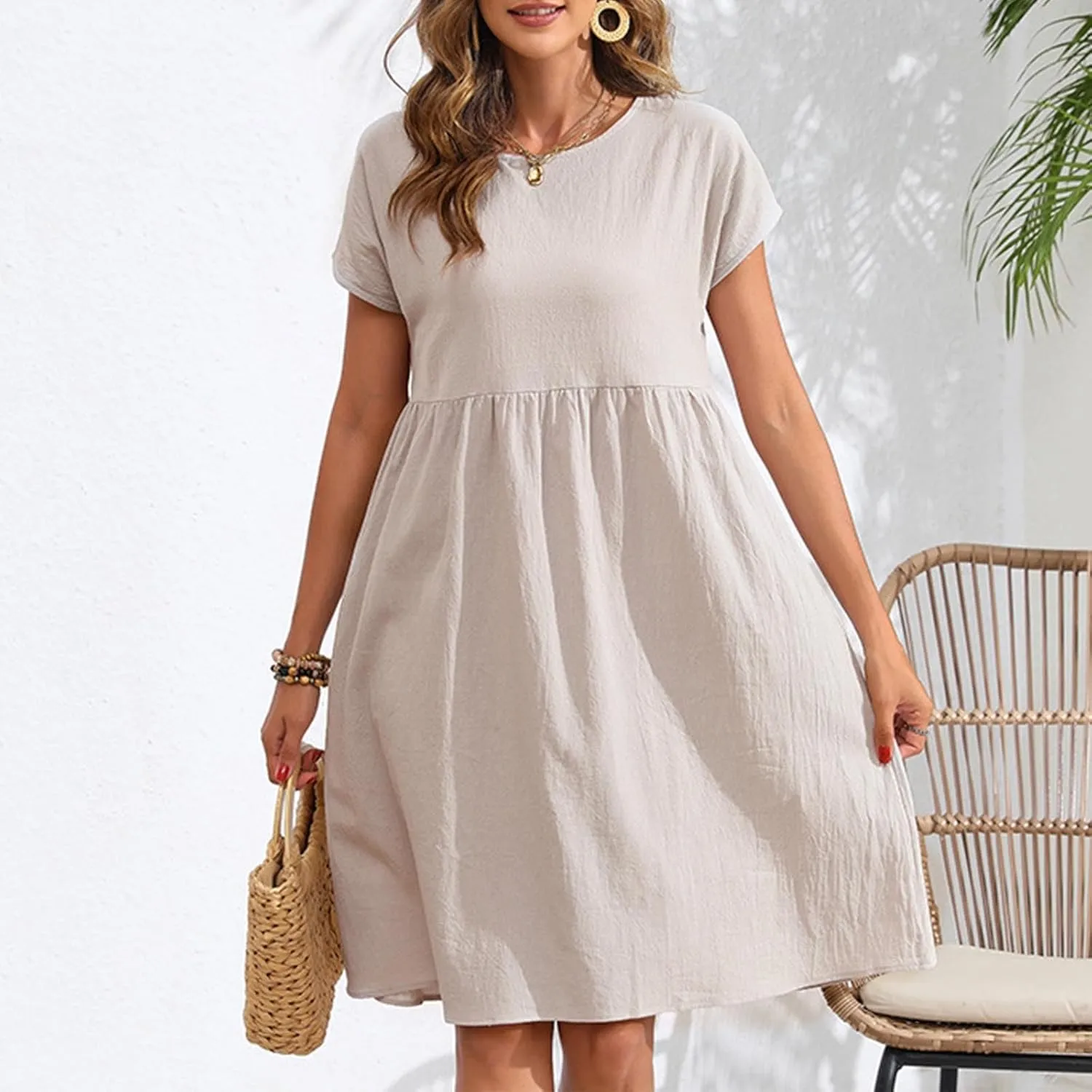 Womens Summer Cotton Linen Dress Casual Mid Length Short Sleeve Fashion 2025 Round Neck A Line Flowy Swing Short Dress