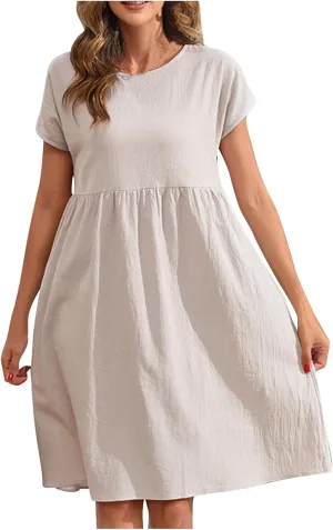 Womens Summer Cotton Linen Dress Casual Mid Length Short Sleeve Fashion 2025 Round Neck A Line Flowy Swing Short Dress