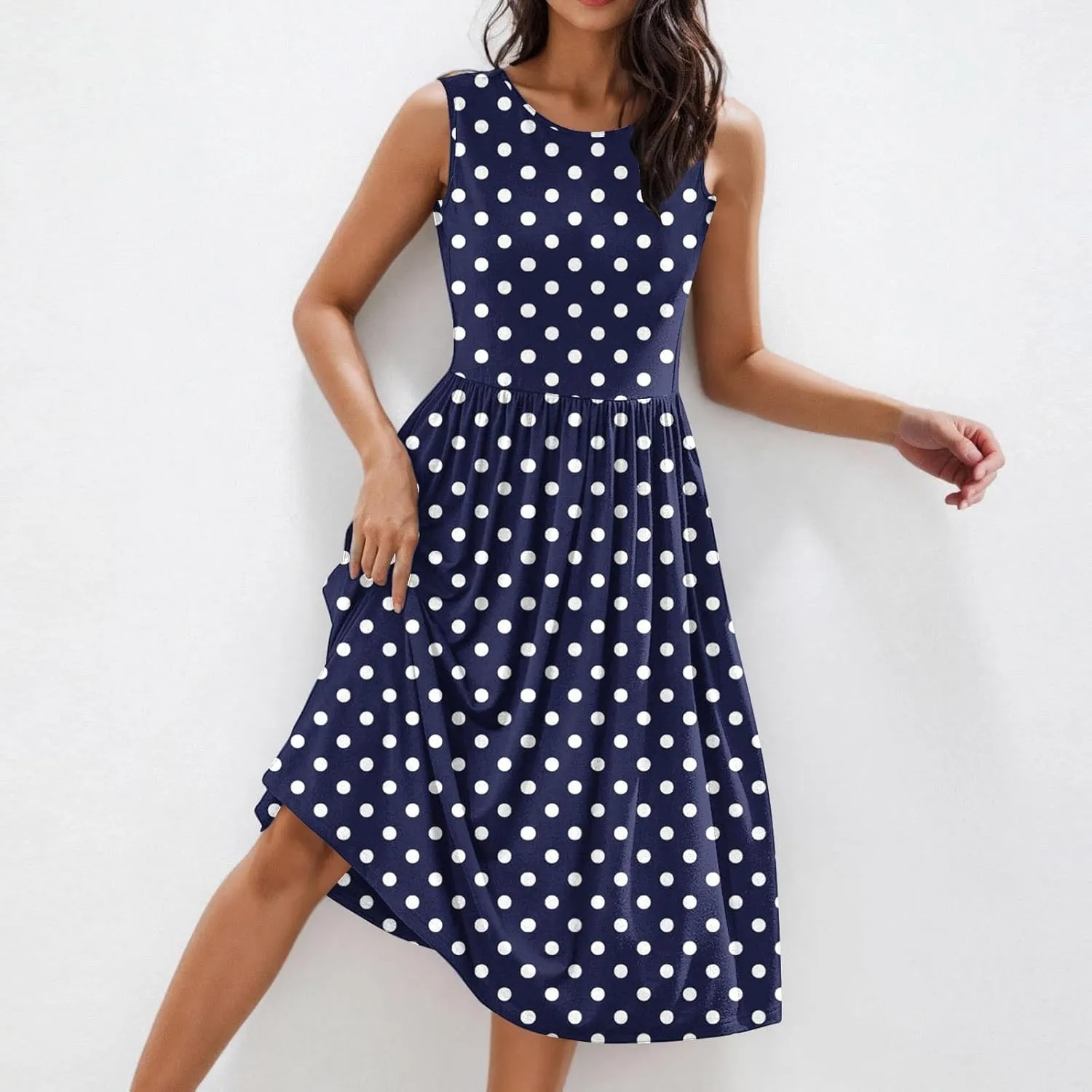 Womens Summer Tank Dress Sleeveless Casual A-line Beach Sundress High Waist Polka Dot Beach Midi Dress