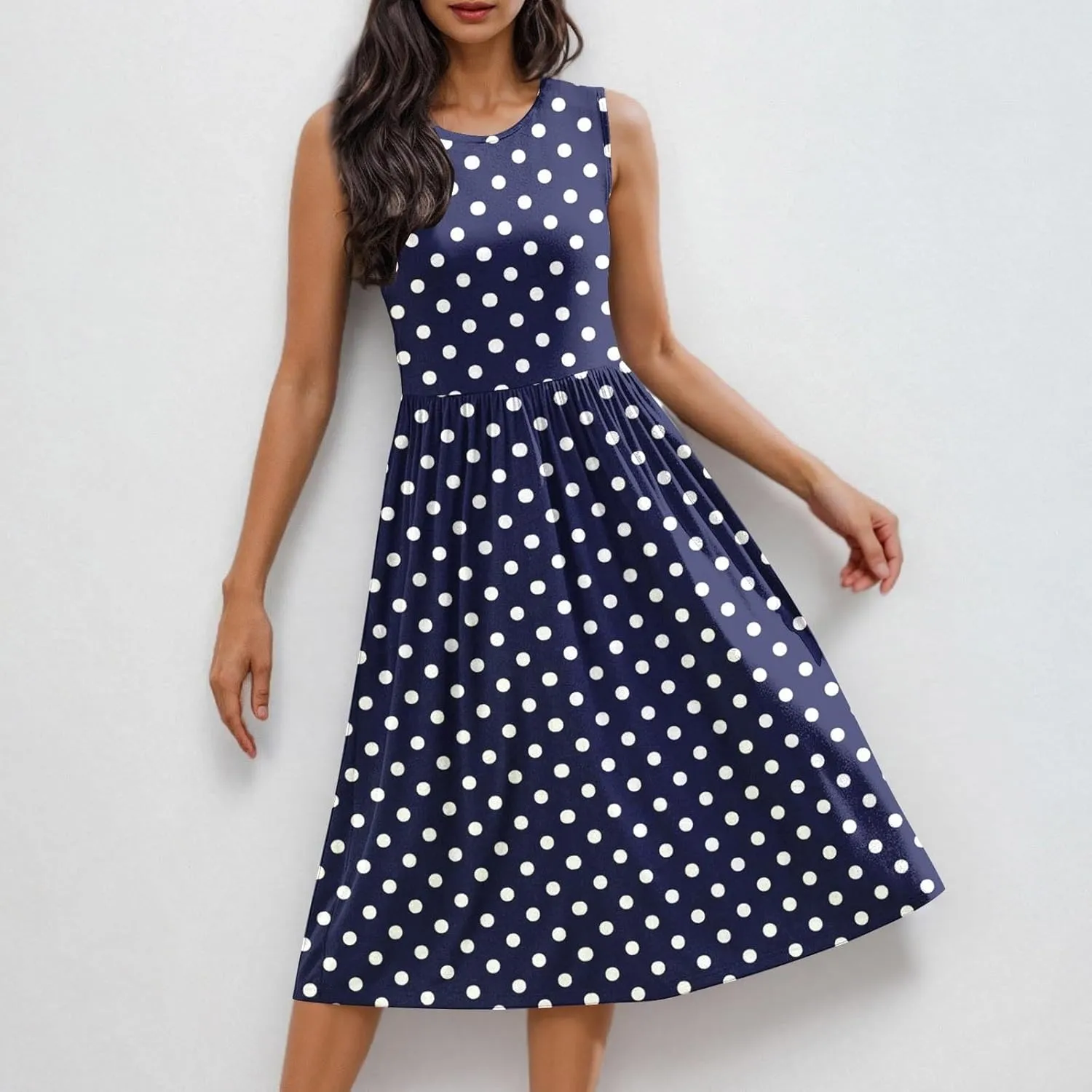 Womens Summer Tank Dress Sleeveless Casual A-line Beach Sundress High Waist Polka Dot Beach Midi Dress