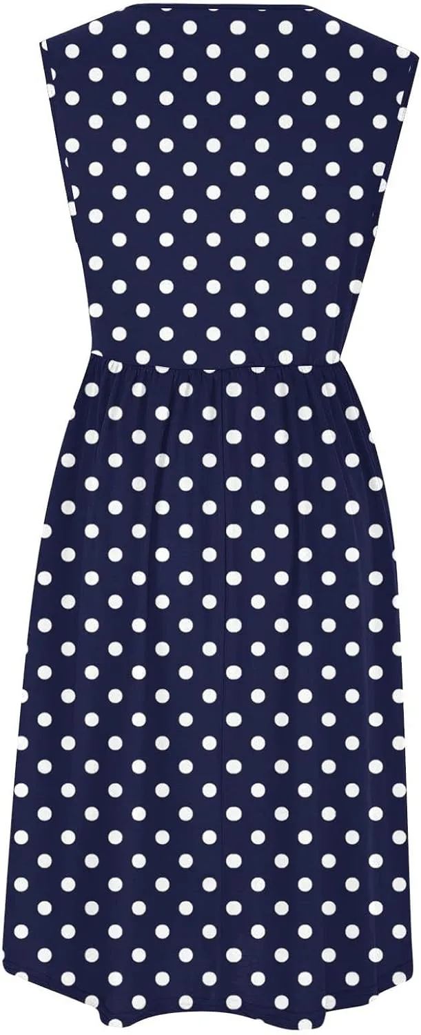 Womens Summer Tank Dress Sleeveless Casual A-line Beach Sundress High Waist Polka Dot Beach Midi Dress
