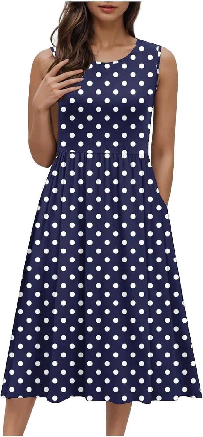 Womens Summer Tank Dress Sleeveless Casual A-line Beach Sundress High Waist Polka Dot Beach Midi Dress