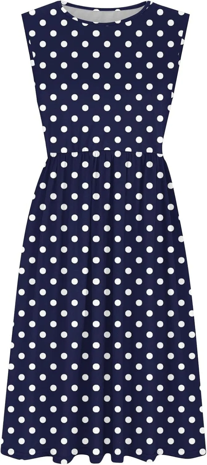 Womens Summer Tank Dress Sleeveless Casual A-line Beach Sundress High Waist Polka Dot Beach Midi Dress