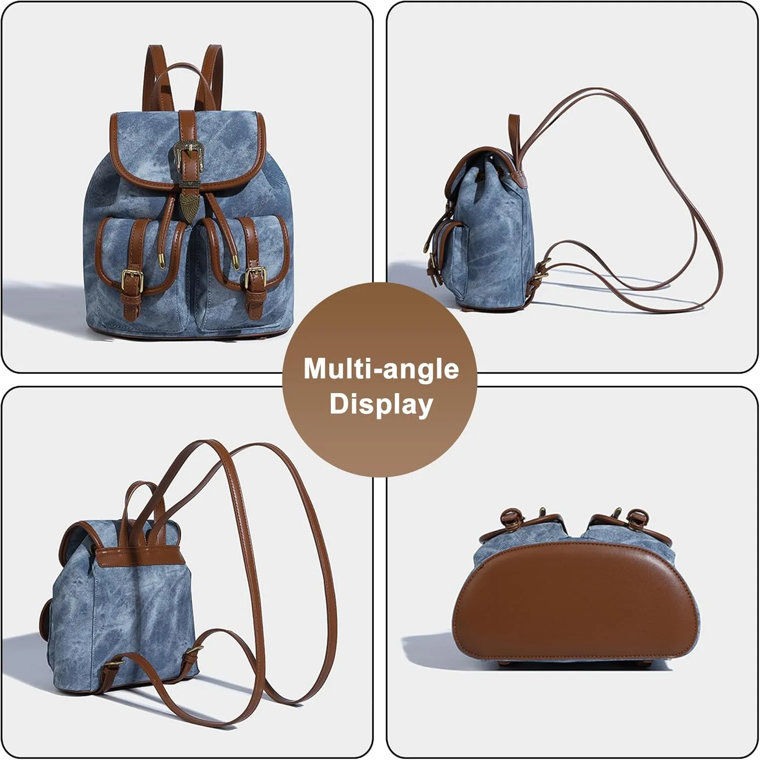 Women's Travel Backpack PU Leather Casual Daypack Bucket Bookbag Ladies Shoulder Bags with Adjustable Strap (Blue)