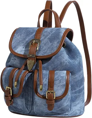 Women's Travel Backpack PU Leather Casual Daypack Bucket Bookbag Ladies Shoulder Bags with Adjustable Strap (Blue)