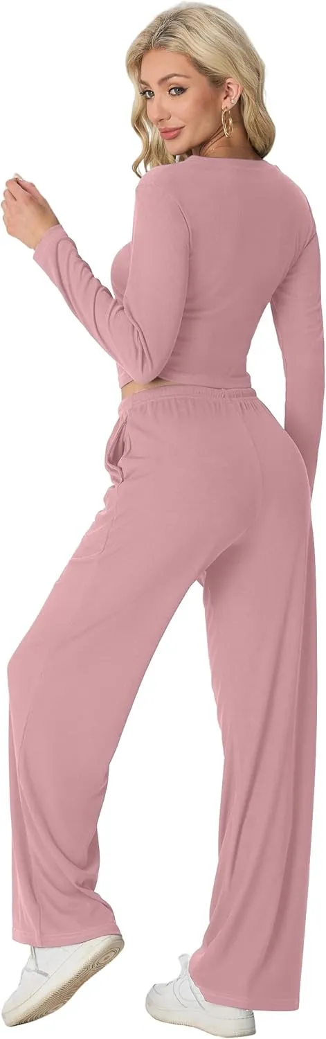 Women's Two Piece Outfits Lounge Sets Long Sleeve Ruched Top & Wide Leg High Waist Pants with pockets