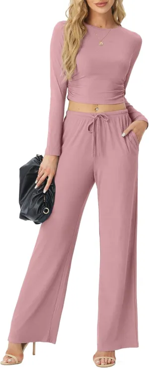 Women's Two Piece Outfits Lounge Sets Long Sleeve Ruched Top & Wide Leg High Waist Pants with pockets
