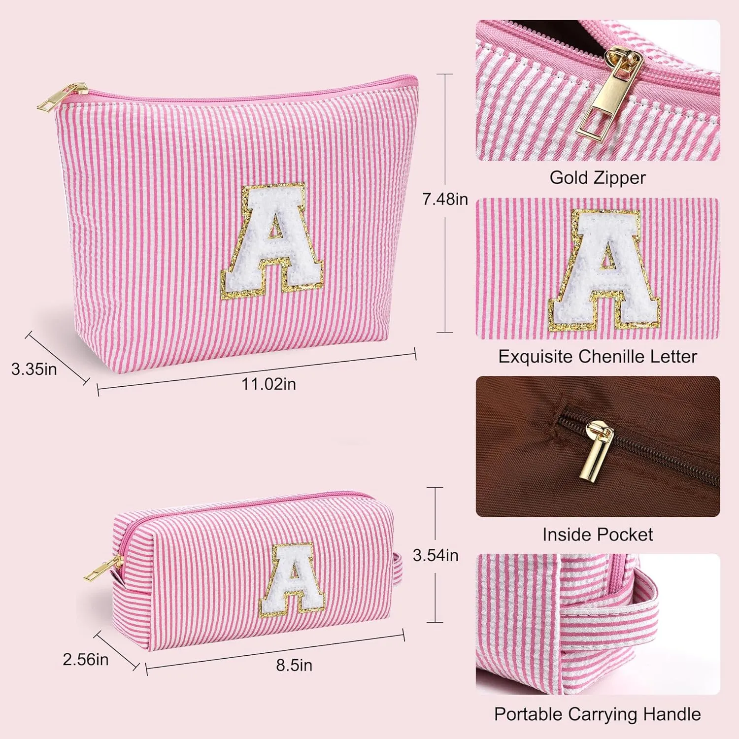 YOOLIFE Personalized Initial Makeup Bag | Pink Cosmetic Travel Bag | 11 12 13 14 15 16 Years Old Girl Gifts Graduation Teacher Gifts Teen Girl Gift Trendy Stuff A