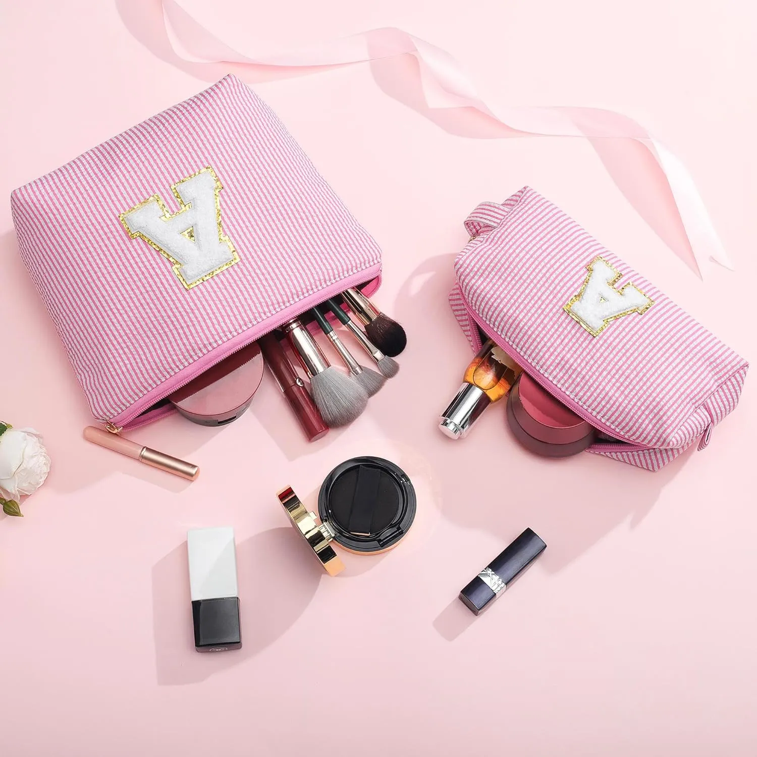YOOLIFE Personalized Initial Makeup Bag | Pink Cosmetic Travel Bag | 11 12 13 14 15 16 Years Old Girl Gifts Graduation Teacher Gifts Teen Girl Gift Trendy Stuff A