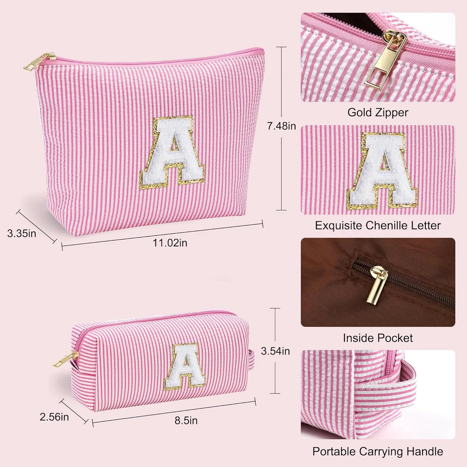 YOOLIFE Personalized Initial Makeup Bag | Pink Cosmetic Travel Bag | 11 12 13 14 15 16 Years Old Girl Gifts Graduation Teacher Gifts Teen Girl Gift Trendy Stuff A
