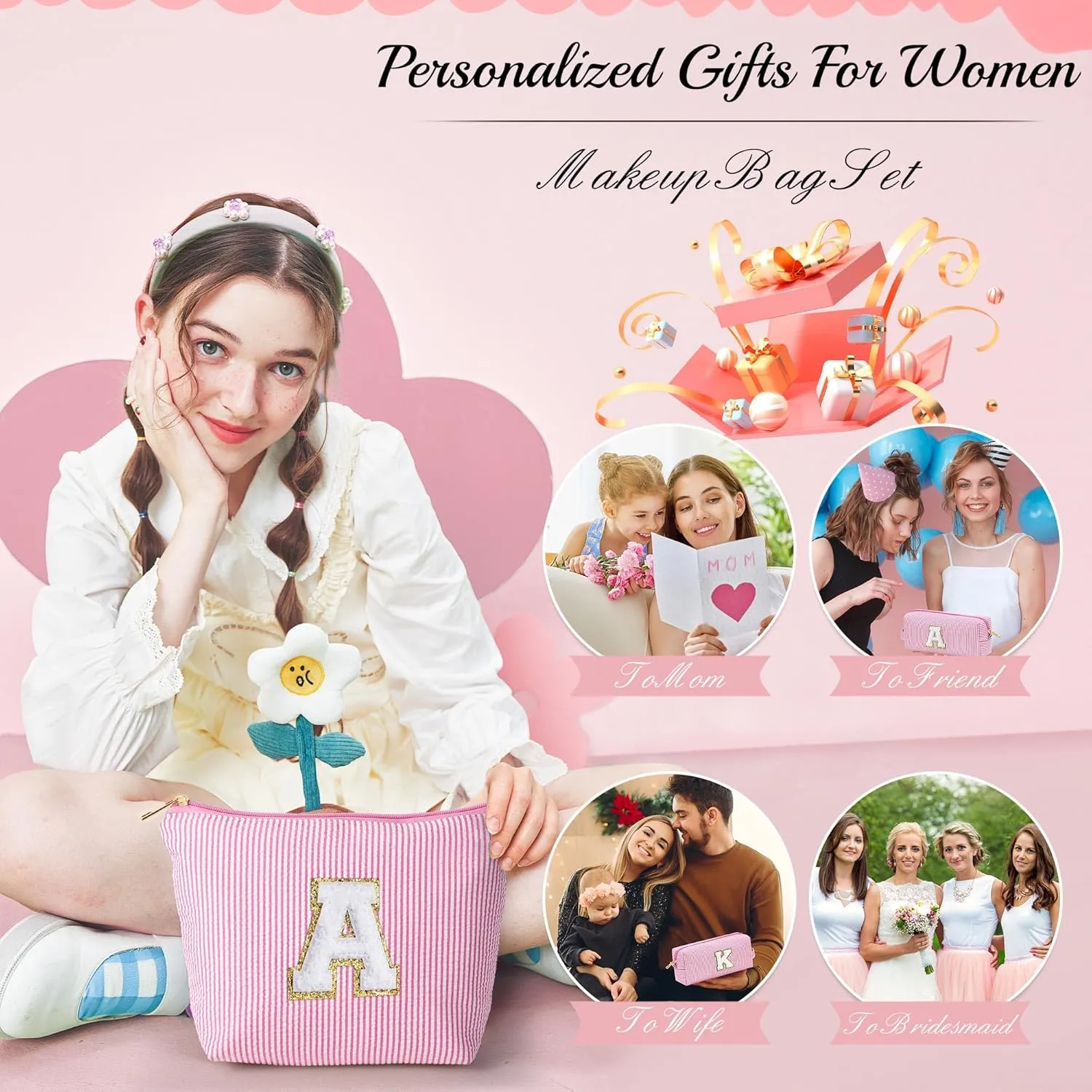 YOOLIFE Personalized Initial Makeup Bag | Pink Cosmetic Travel Bag | 11 12 13 14 15 16 Years Old Girl Gifts Graduation Teacher Gifts Teen Girl Gift Trendy Stuff A