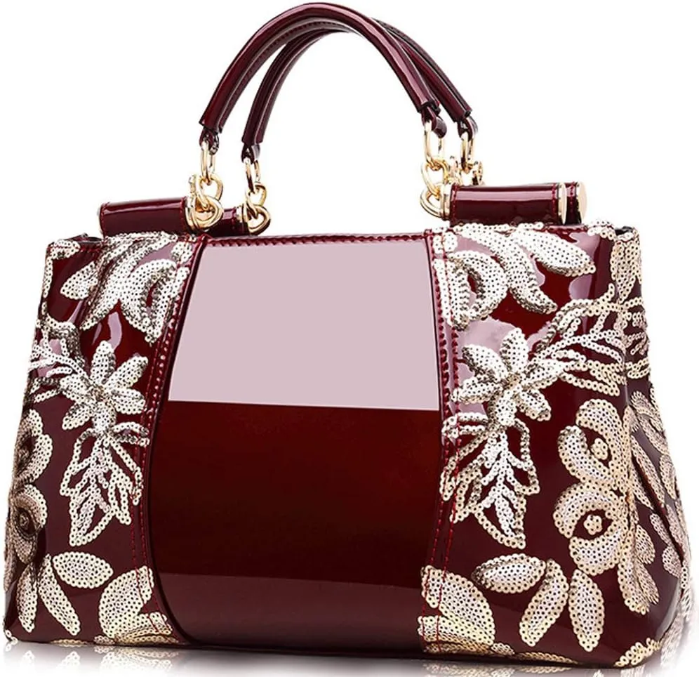 ZiMing Patent Leather Handbag for Women Tote Bags Sequin Embroidery Satchel Bag Top Handle Bag Gorgeous Shoulder Bag Purse