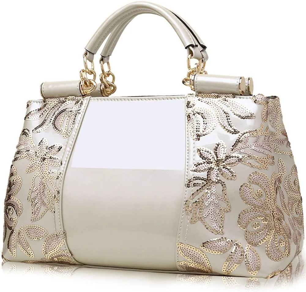 ZiMing Patent Leather Handbag for Women Tote Bags Sequin Embroidery Satchel Bag Top Handle Bag Gorgeous Shoulder Bag Purse