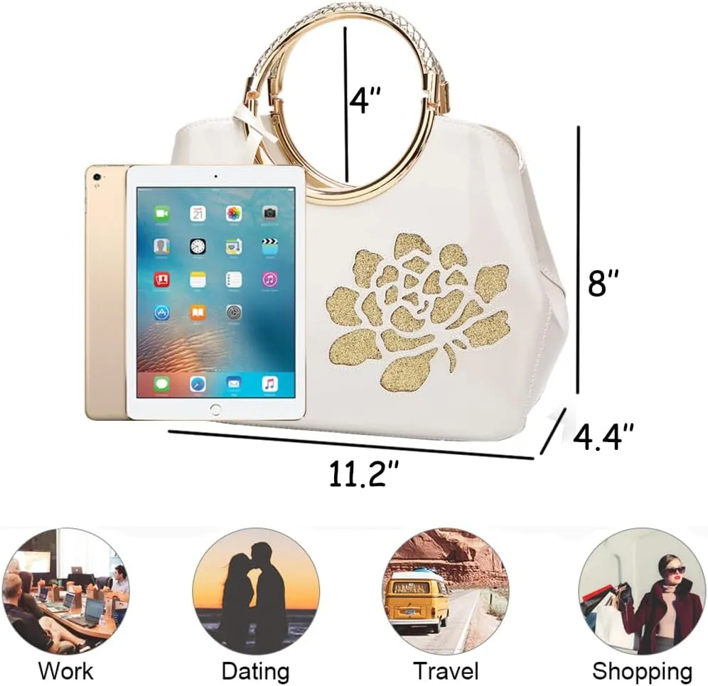 ZiMing Women Patent Leather Handbags Floral Embroid Purse Top Handle Handbag Evening Bags Satchel Shoulder Bag Gorgeous Totes