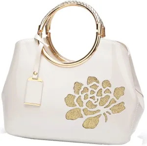 ZiMing Women Patent Leather Handbags Floral Embroid Purse Top Handle Handbag Evening Bags Satchel Shoulder Bag Gorgeous Totes
