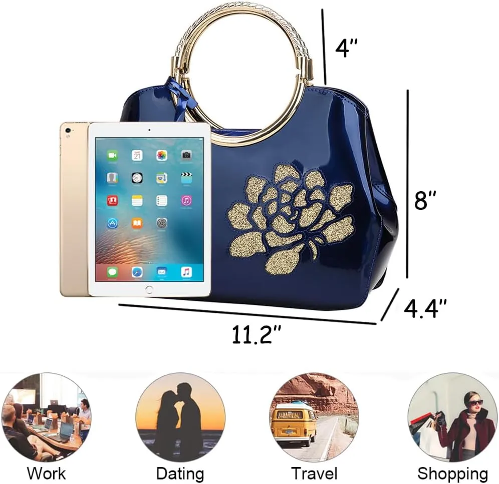 ZiMing Women Patent Leather Handbags Floral Embroid Purse Top Handle Handbag Evening Bags Satchel Shoulder Bag Gorgeous Totes
