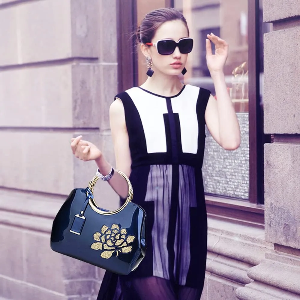 ZiMing Women Patent Leather Handbags Floral Embroid Purse Top Handle Handbag Evening Bags Satchel Shoulder Bag Gorgeous Totes
