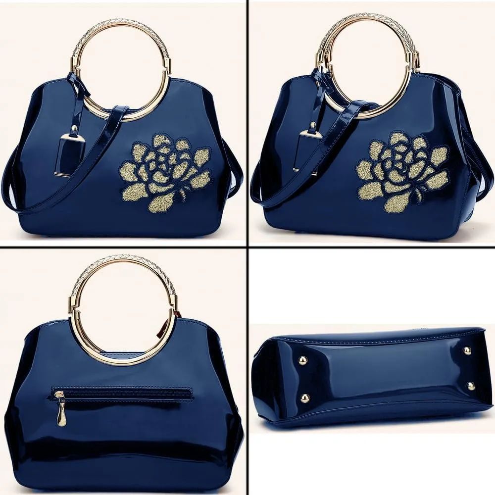 ZiMing Women Patent Leather Handbags Floral Embroid Purse Top Handle Handbag Evening Bags Satchel Shoulder Bag Gorgeous Totes