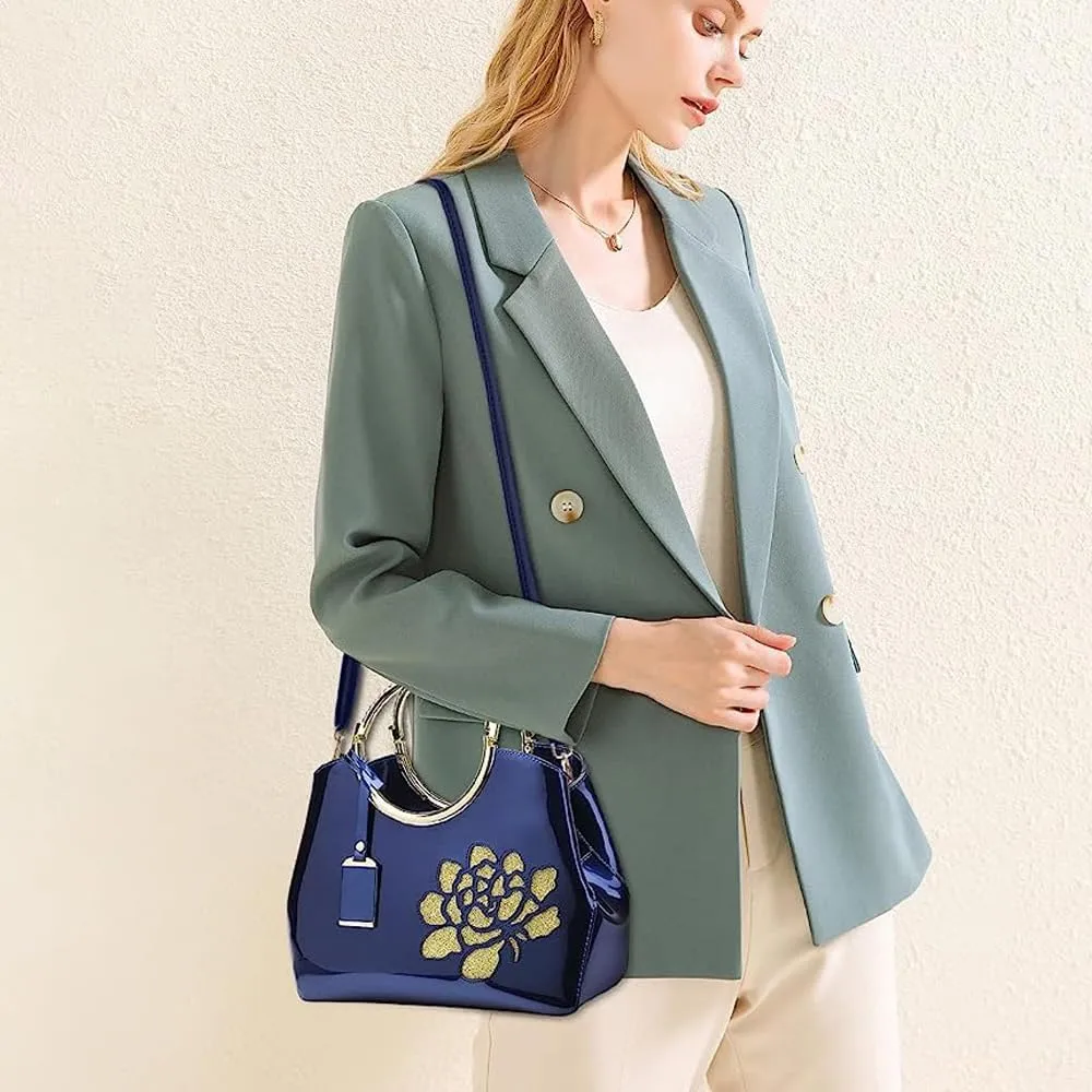 ZiMing Women Patent Leather Handbags Floral Embroid Purse Top Handle Handbag Evening Bags Satchel Shoulder Bag Gorgeous Totes