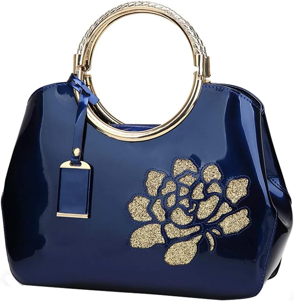 ZiMing Women Patent Leather Handbags Floral Embroid Purse Top Handle Handbag Evening Bags Satchel Shoulder Bag Gorgeous Totes